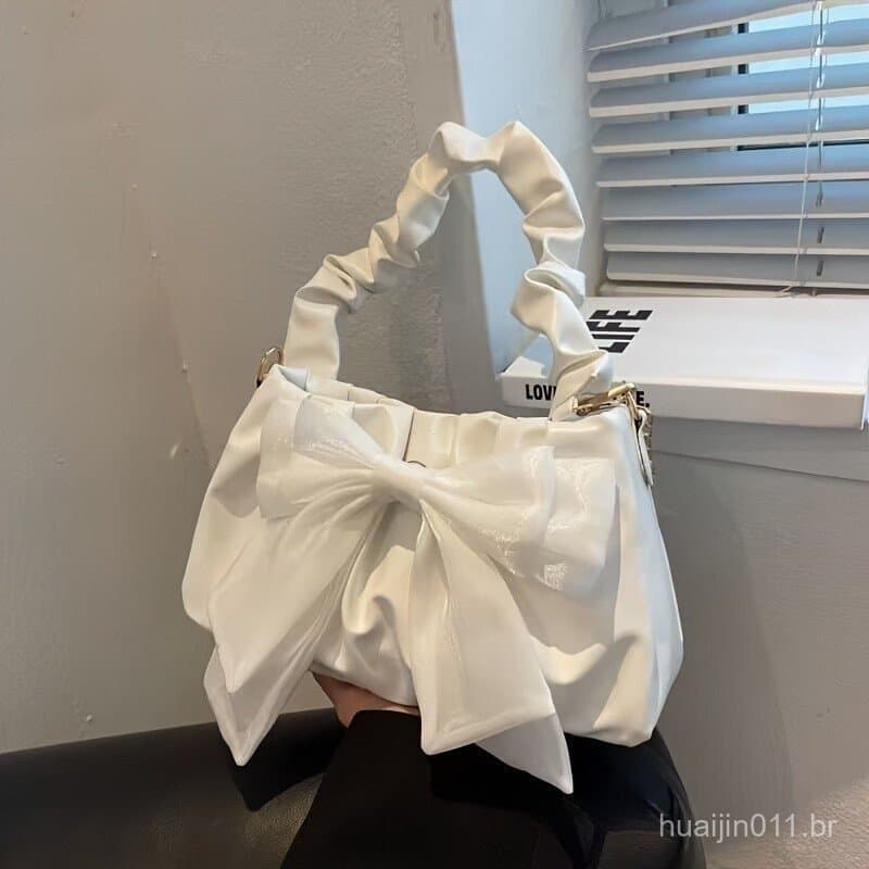 Bolsa de Estilo Doce com Laço Decorativo, Bolsa Moderna de Cor Sólida com Alça Transversal