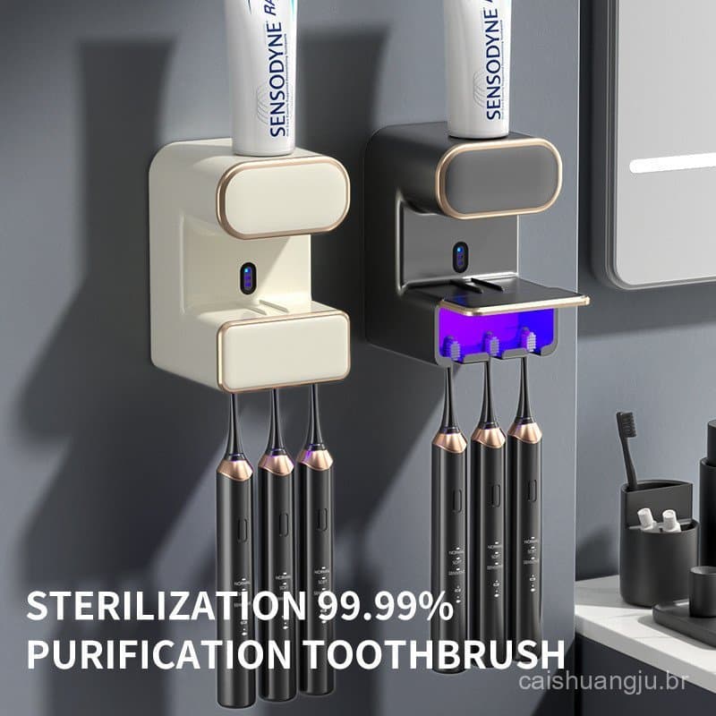 [Estoque Pronto] Pasta de dente com compressão automática por indução, esterilizador de escova de dentes ultravioleta, e