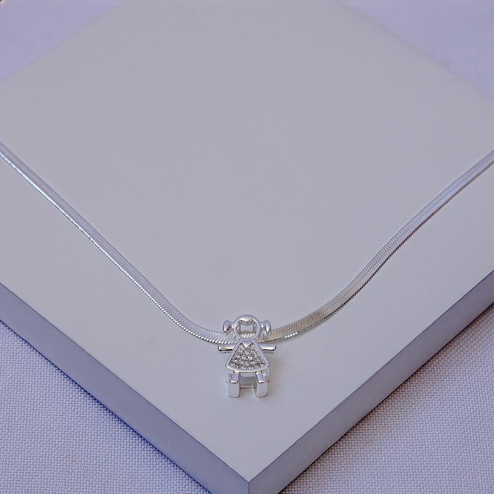 Colar Choker Folheado a Prata Malha Fita Pingente Menina Zircônia