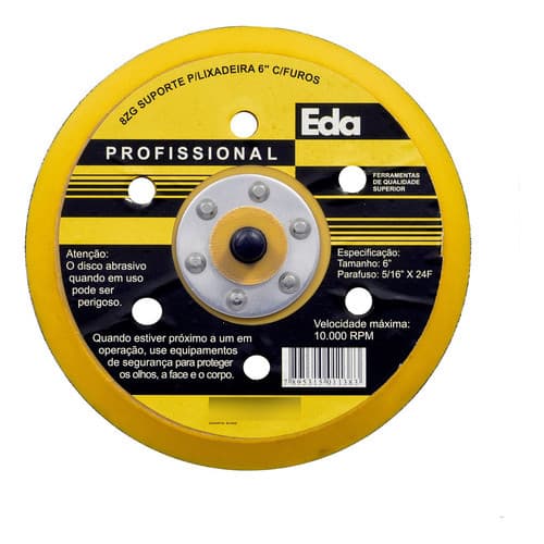 Disco Suporte Lixadeira Roto Orbital 6 Furos Velcro Prato 6 Preto E Amarelo Base de Lixadeira c/ Velcro Ventilado