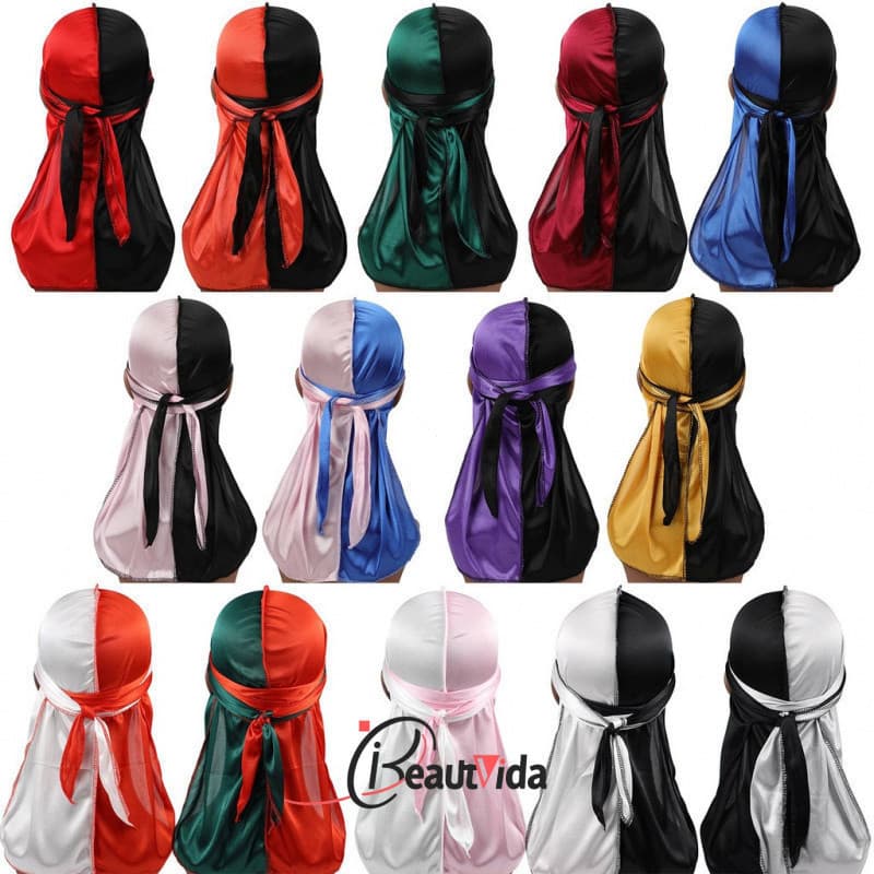 Boné Bbyter Silky Durag Pirate 2 Tons Colorido Bloco De Cauda Longa Turbante Chapéus De Quimio