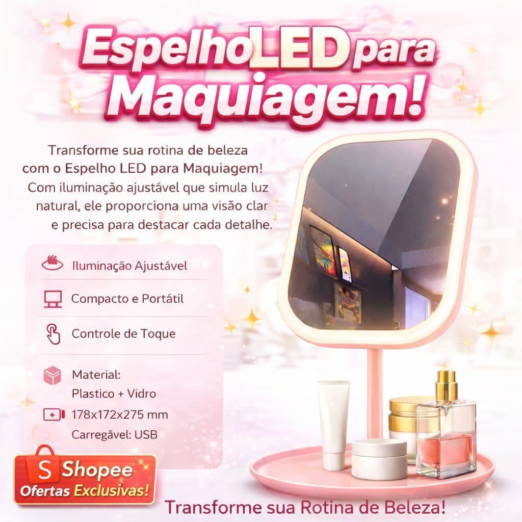 Espelho LED Touch Maquiagem Profissional 3 Tons de Luz USB