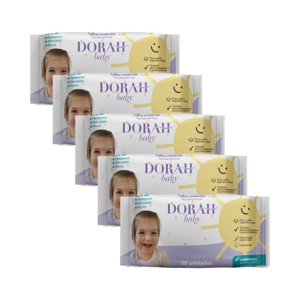 Kit Higiene do Bebê - 5 Pacotes - Toalhas/Lenços Umedecidos SEM ÁLCOOL - 50 Folhas - Dorah Baby (Total 250 Folhas)