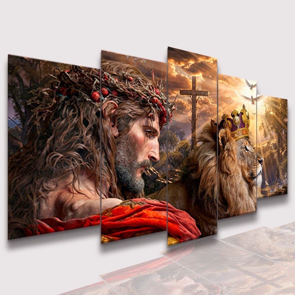 Conjunto de Quadros Decorativos Cristão Mosaico Leão de Judá Kit Parede Sala Quarto 05