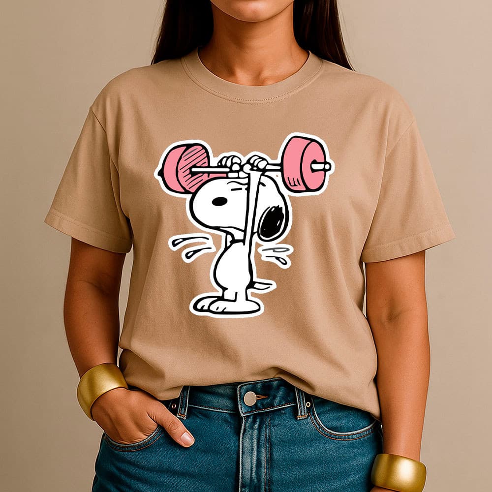 Camiseta Feminina 100% Algodão Camisa Snoopy Treinando Academia Fitness Gym Retrô Casual