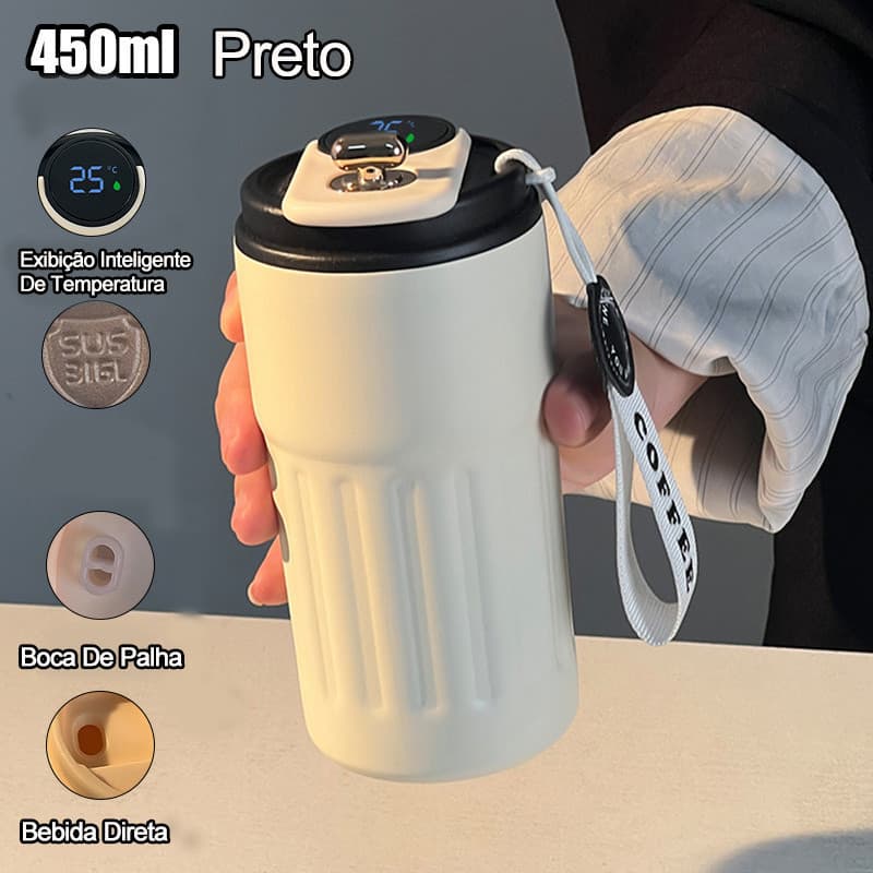 Copo Térmico para Café 450ml Inox Portátil, Display LED de Temperatura, Antivazamento e Personalizado para Uso Diário