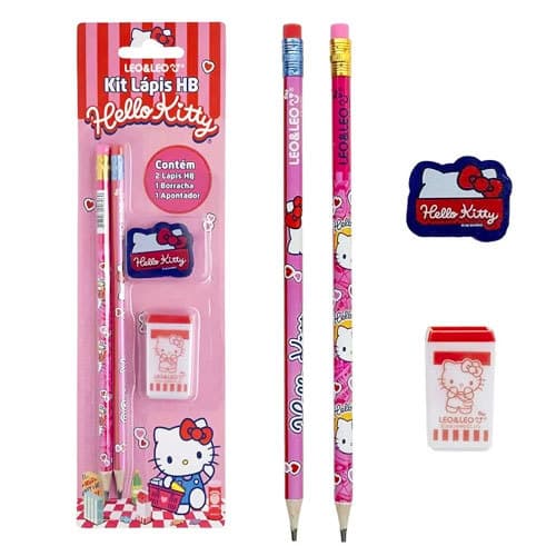 Kit Escolar Hello Kitty Leo&Leo - 2 Lápis HB + Apontador com Depósito + Borracha