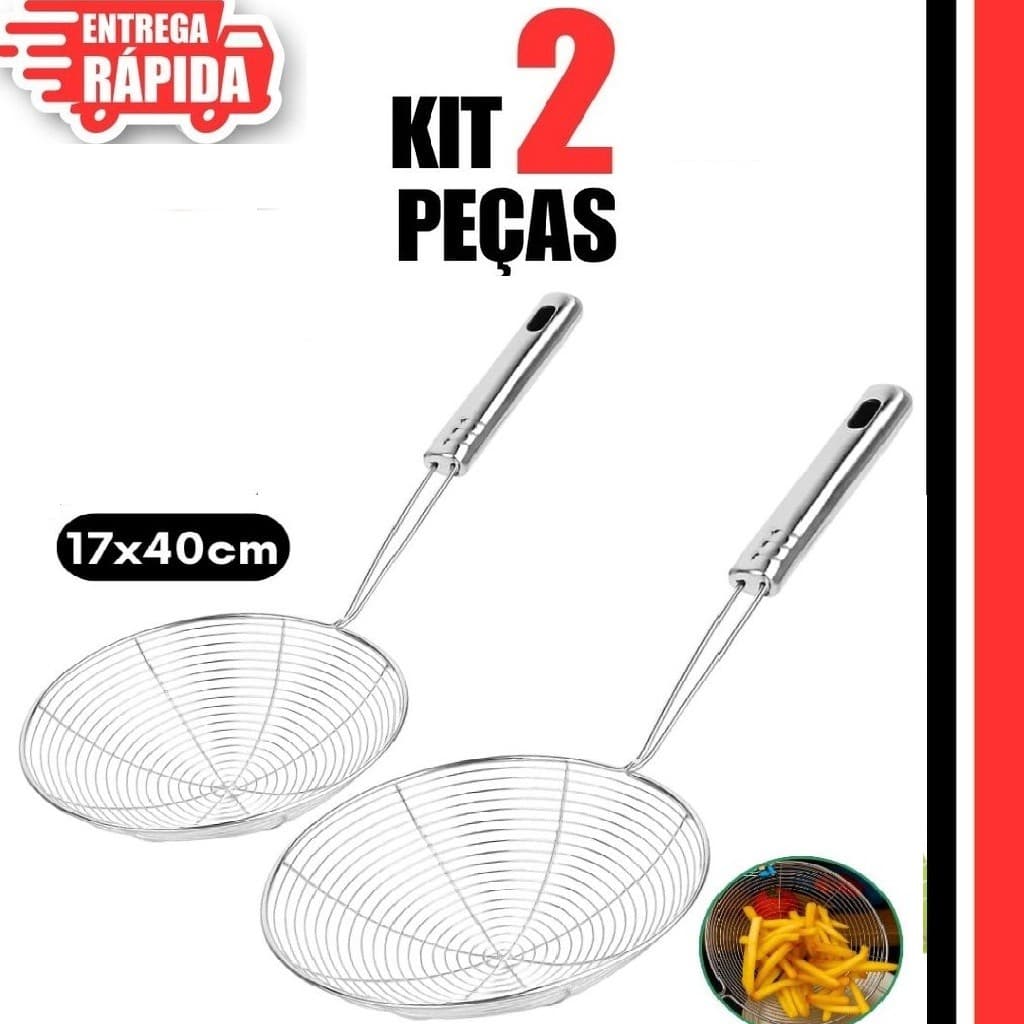 Escumadeira Aramada Inox - Para Fritura Batata Pastel Kit 1,2 ou 3 Unid Aço Inox Premium 17x40cm