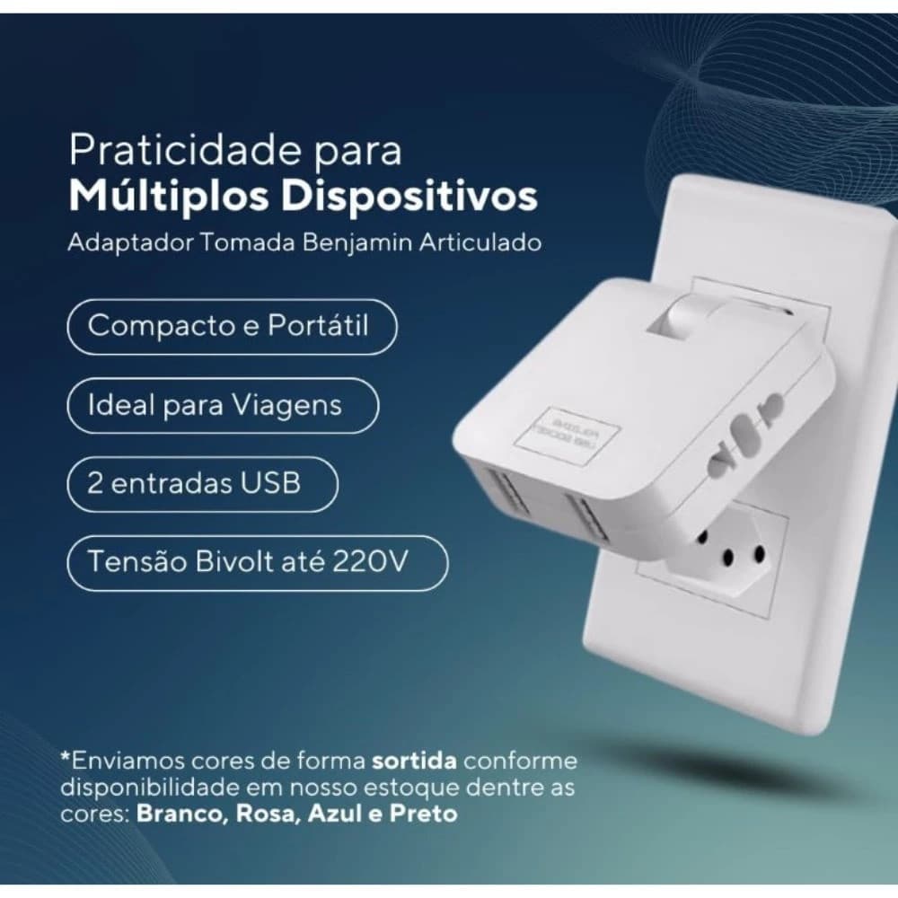 Tomada Adaptador Benjamin Dobrável 10A com 04 Entradas Duplo USB 20A