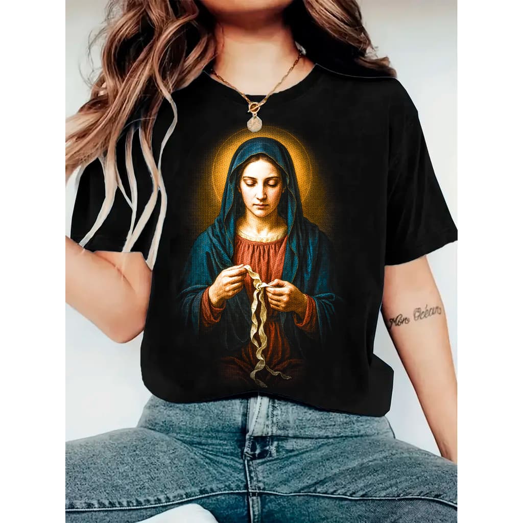 Camiseta Feminina Nossa Senhora Desatadora dos Nós Estampa Católica 100% Algodão Blusinha Femenina