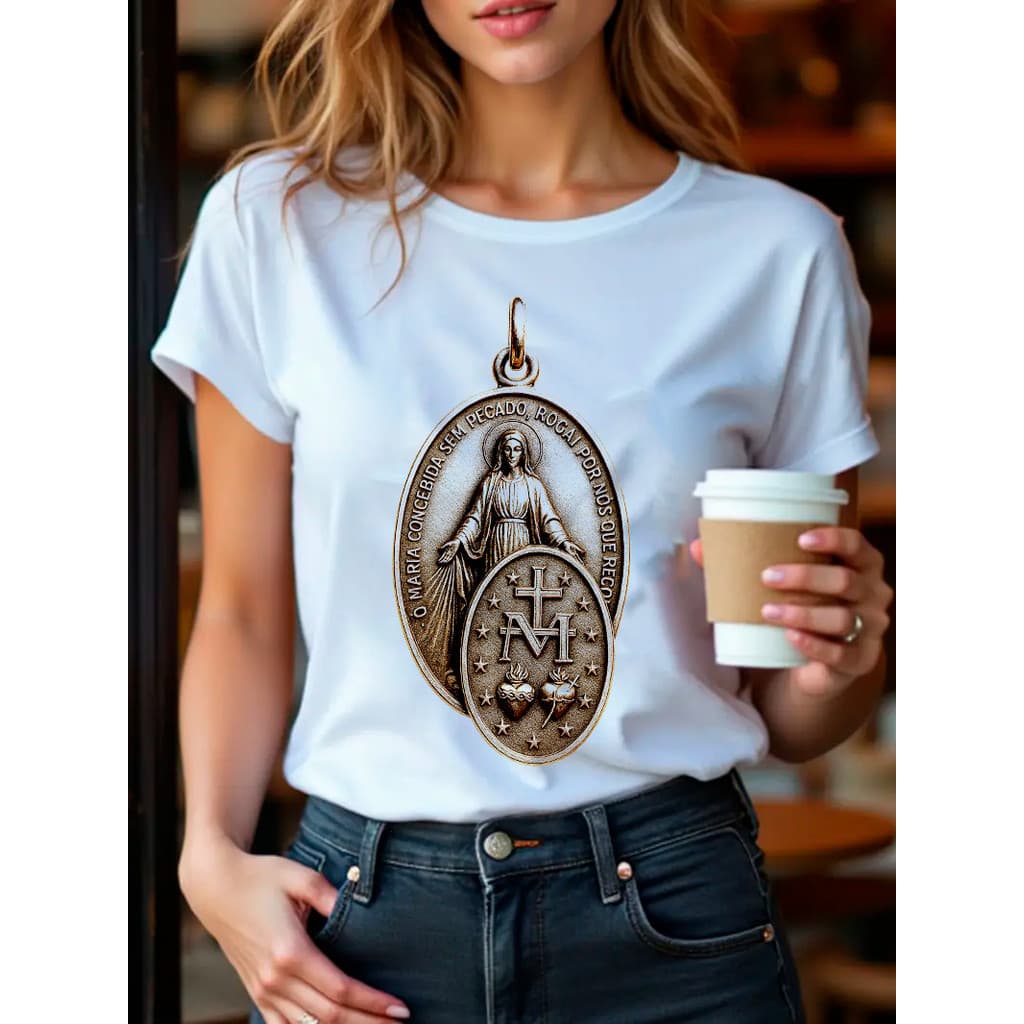Camiseta Feminina Medalha Milagrosa Estampa Católica 100% Algodão Devoção Blusinha Femenina