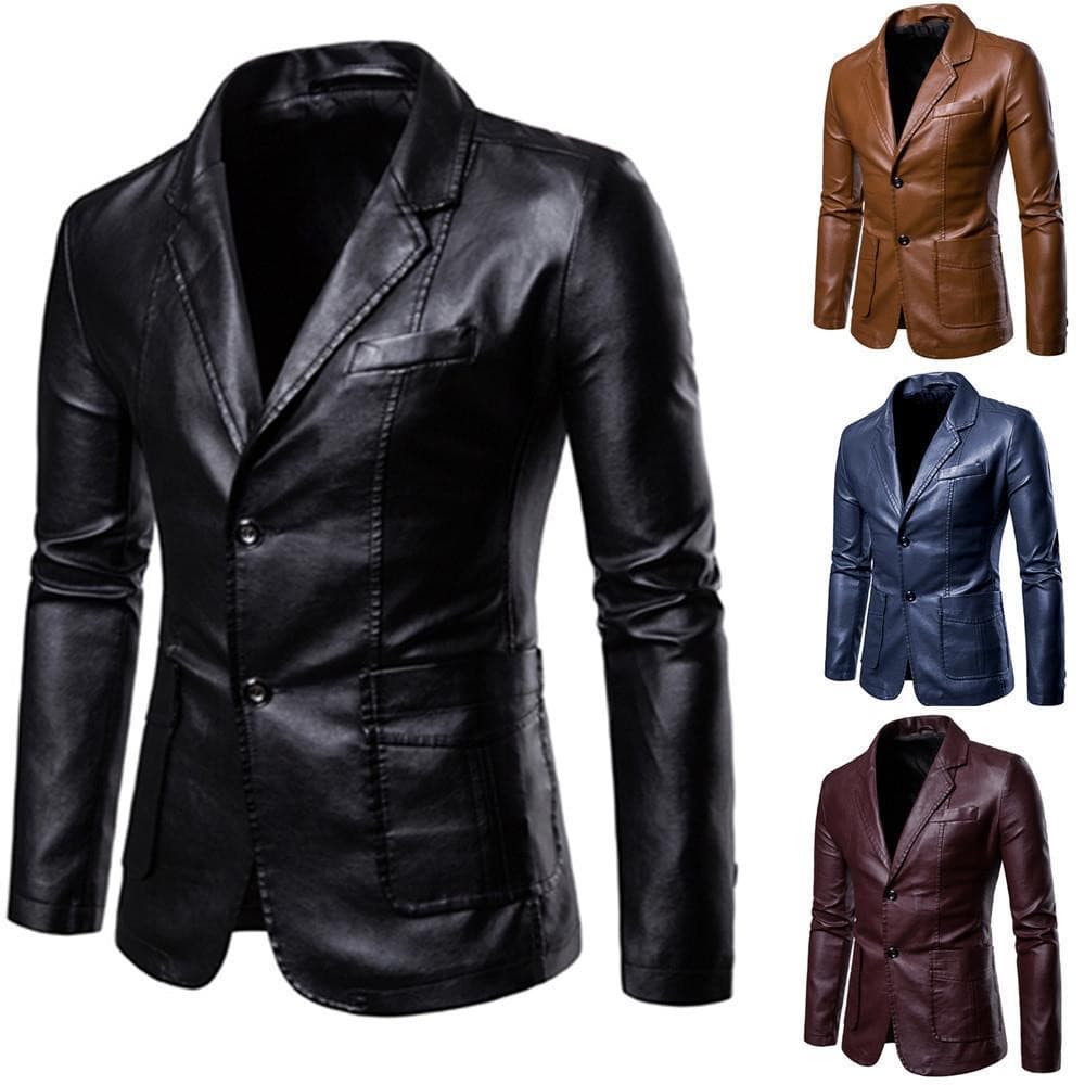 Blazer Slim Fit Masculino Plus Size com Bolso, Casaco Casual Social de Couro em Cor Sólida D8CF