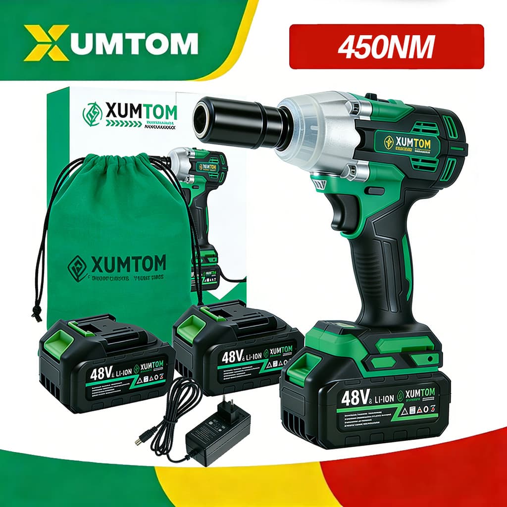 Chave de impacto sem escova 450NM (1/2IN) Pol Parafusadeira Chave De Impacto 2 Baterias 48V Brushless 4 Pecas Soquetes