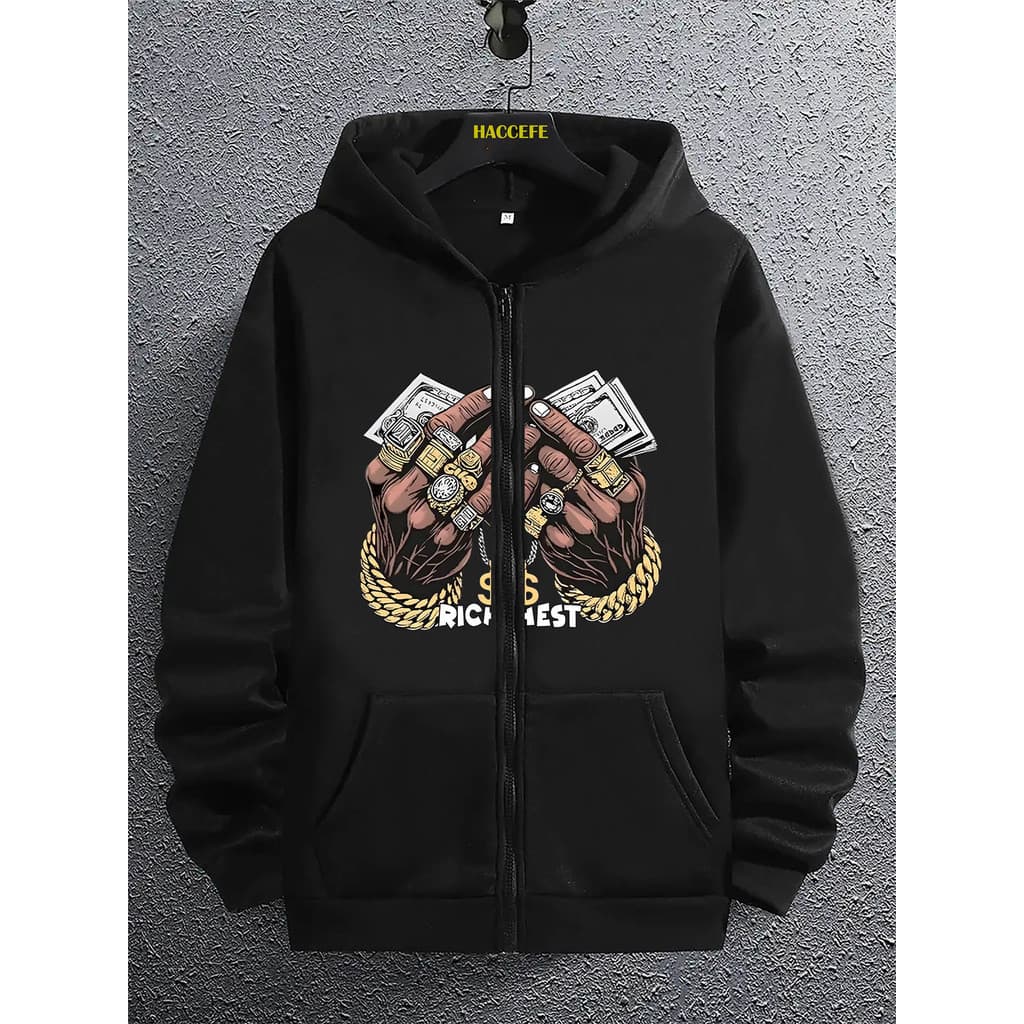 Moletom masculino moderno com ZIPER e design gráfico "RICH FREEDOM" em negrito