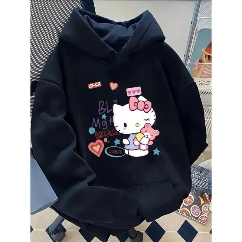 Moletom Canguru Blusa De Frio Capuz Hello Kitty Tumblr Fofo Coração Urso Desenho Casual Unissex
