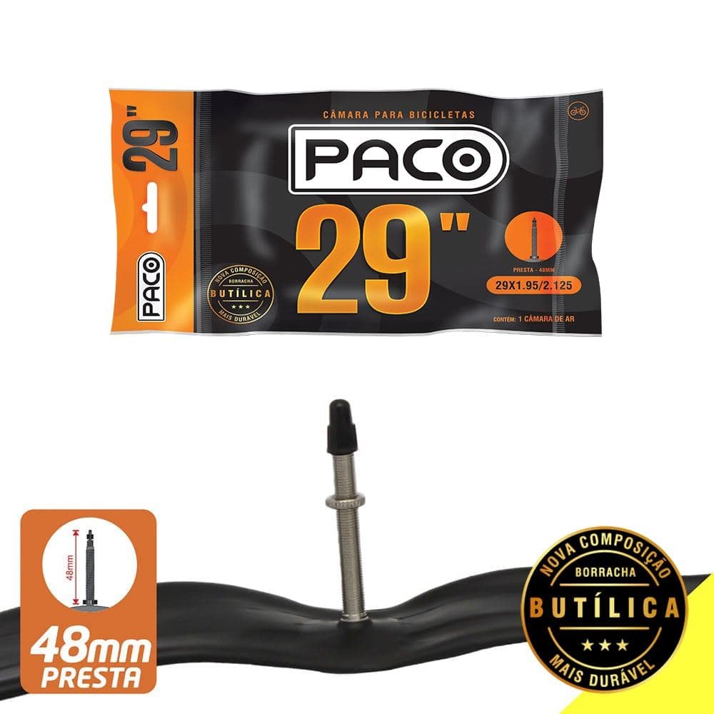 Câmara De Ar Paco Aro 29 Com Válvula Presta 48mm 1.9-2.125 Bico Fino Bike Bicicleta Mtb Esportes Paco Borracha Butilica