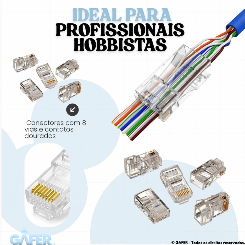 Kit Conector RJ45 Vazado CAT5 CAT5e Rede Internet Crimpagem Kit Com 20 Un Banhado a ouro