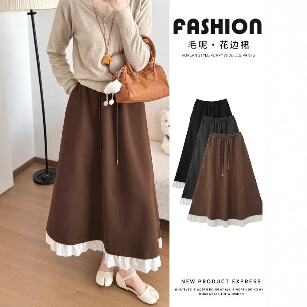 Saia de lã feminina outono inverno novo estilo cintura mais magro olhar renda grande balanço saia tamanho grande cordão