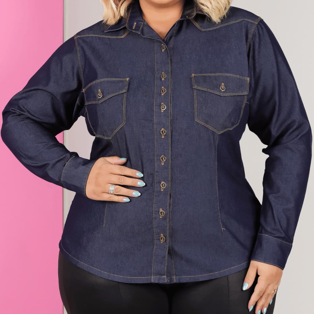 Camisa Plus Size Jeans Feminina Manga Comprida Moda Maior Curvilínea Elegante