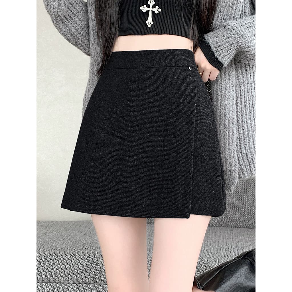 Culottes curtas de lã Irregular a linha feminina outono inverno cintura alta capa quadril meia saia com botas pequena sa
