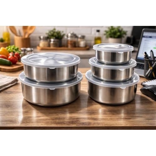 Kit 5 Potes Herméticos Redondos com Tampa Inox | Conservação de Alimentos Cozinha