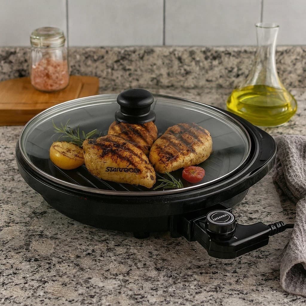 Grill Elétrico Redondo Preto para Grelhar Carnes Churrasqueira e Assadeira Saudável