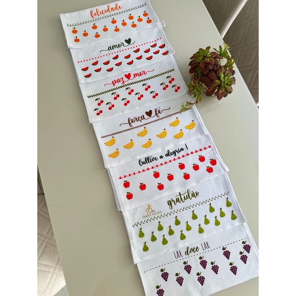 Stencil Frutas e frases kit completo Professora Diany Frases Pano de prato estencil pintura em tecido