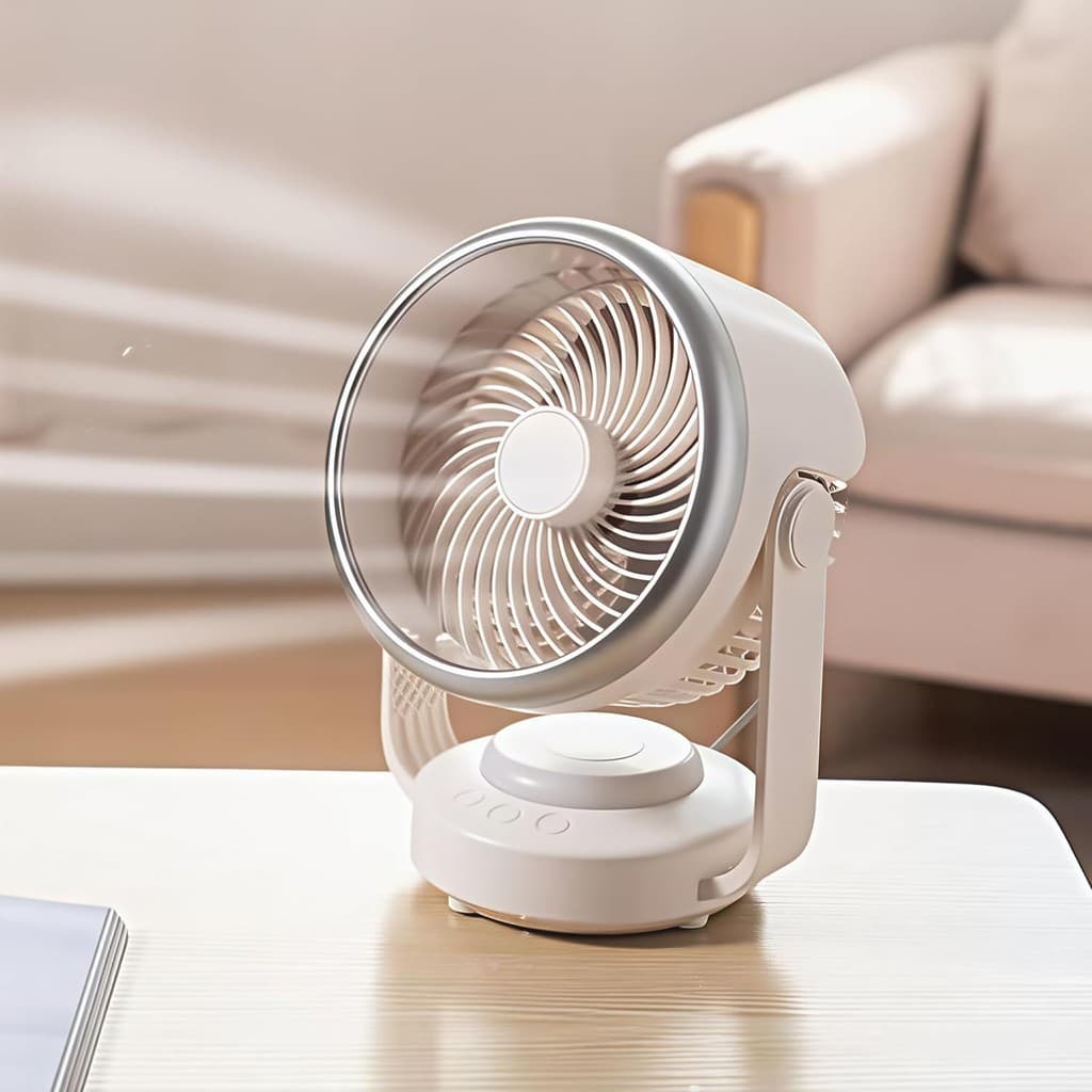 Ventilador de Mesa Portátil Recarregável com USB e Bateria 180° Silencioso <25dB 4 Velocidades 11h Autonomia Luz Noturna