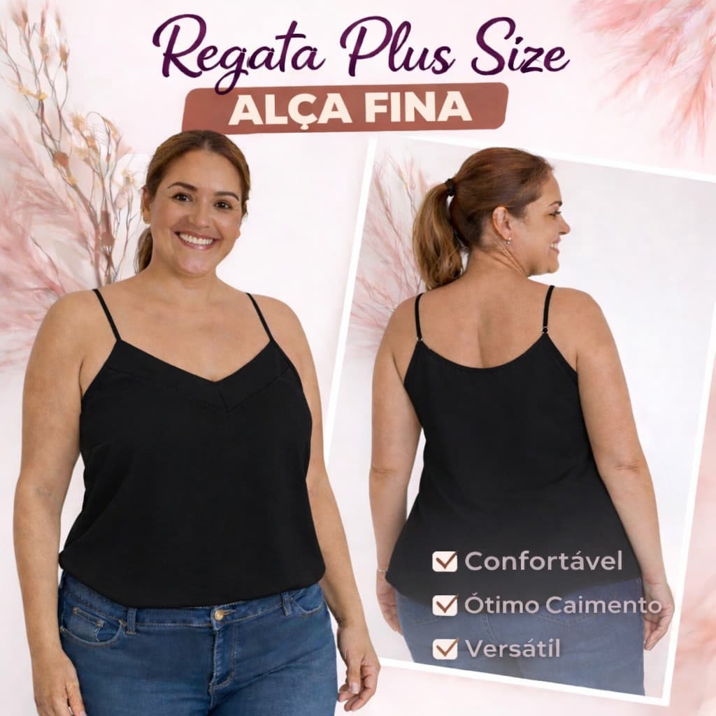 Regata Plus Size Alça Fina  Feminina – Confortável, Ótimo Caimento e Modelagem Perfeita