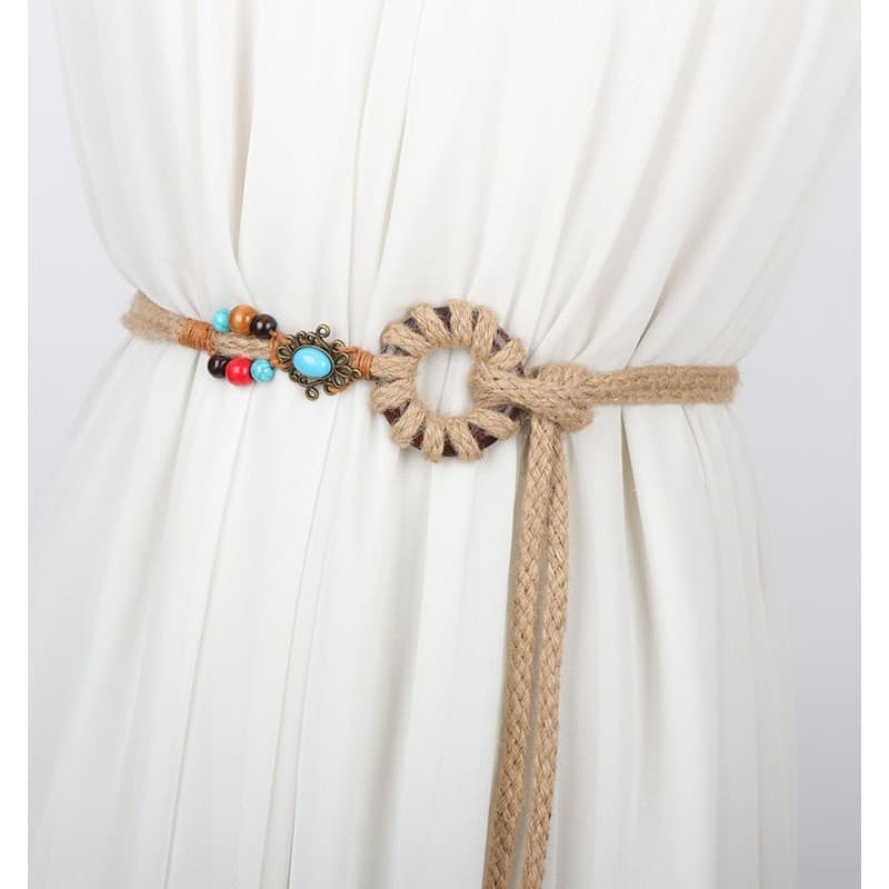 Estilo étnico trançado cinto feminino All-Match corrente de cintura com vestido cintura estreita decoração corda de cânh