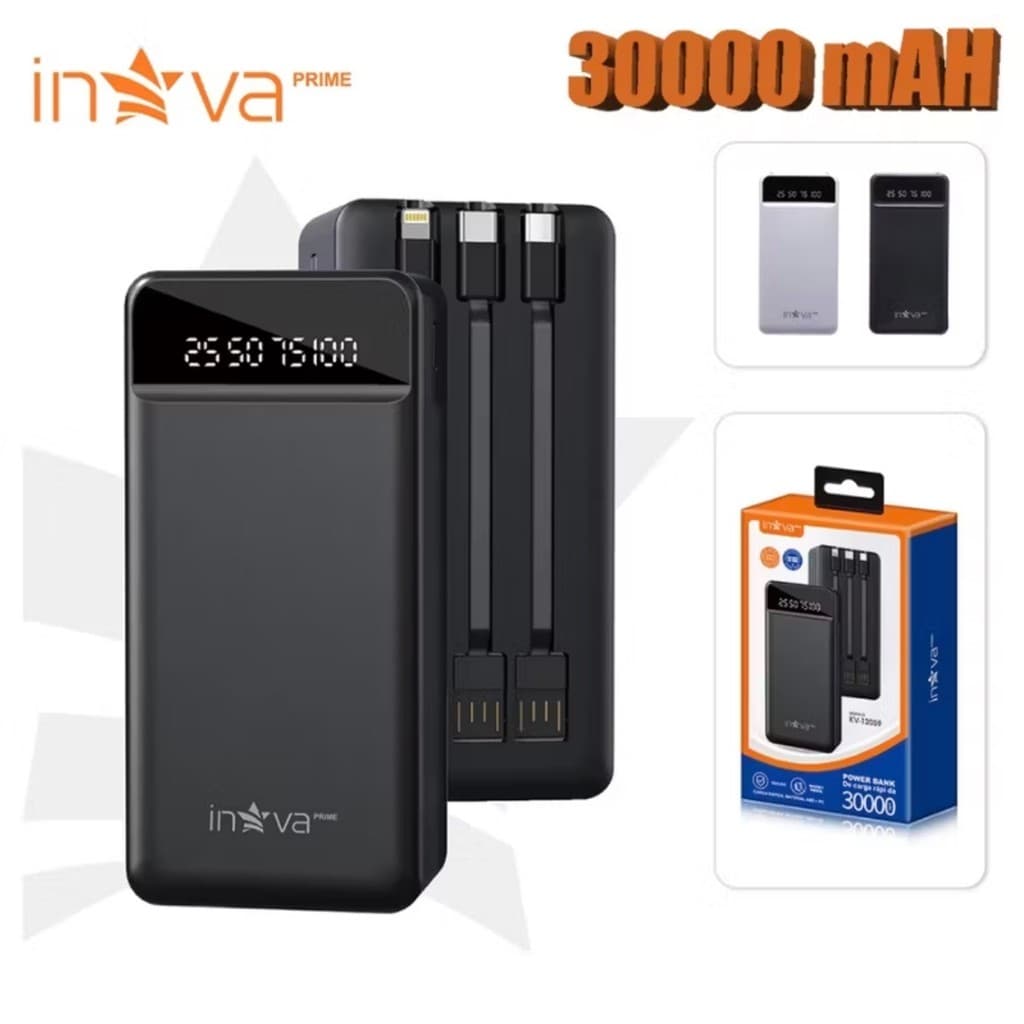 Inova Carregador Portatil 30000mAh Turbo Viagem Power Bank Universal Original 3 Cabos