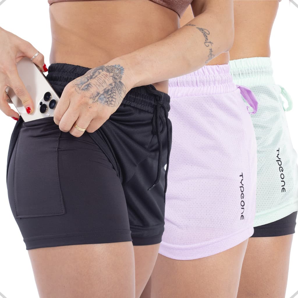 Kit 3 Short Feminino Duplo 2 em 1 Esportivo Academia Treino Bolso Celular Fitness Corrida Caminhada