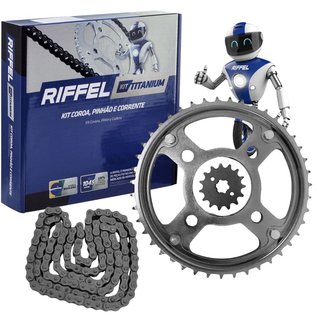 KIT RELAÇÃO RIFFEL TITANIUM AÇO 1045  TRANSMISSÃO HONDA CG 150  CARGO FAN TITAN 2004 A 2016