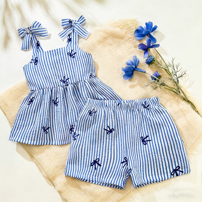 Criança Menina 9M-3Y Verão Novo Elegante Azul Listrado Arco Decoração Conjunto De 2 Peças Sem Mangas Babados Alça De Omb