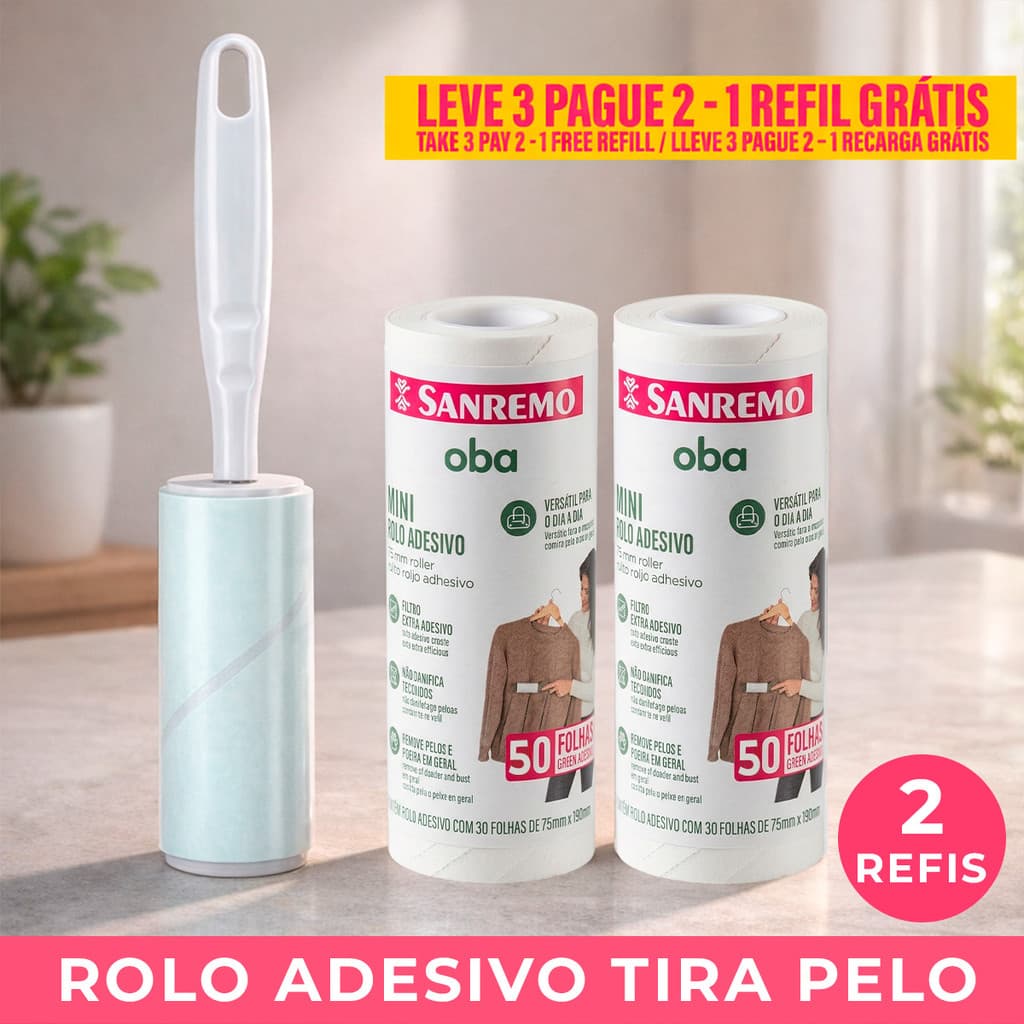 Kit 3 Rolos Tira Pelo Adesivo Sanremo 150 Folhas Removedor de Pelos Pet Roupa Sofá Refil Extra