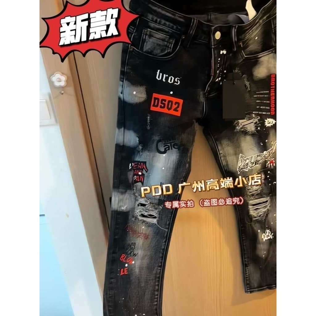 High Street Street Wear 2026 Novo estilo masculino preto remendo Jeans rasgados solto reto All-Match na moda
