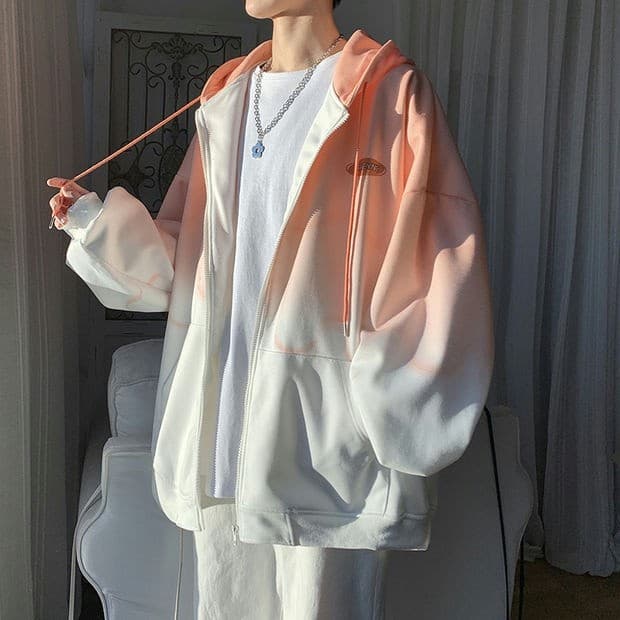 Tie-Dye moletom com capuz masculino primavera outono novo estilo Street Wear na moda gradiente Cardigan jaqueta Hong Kon