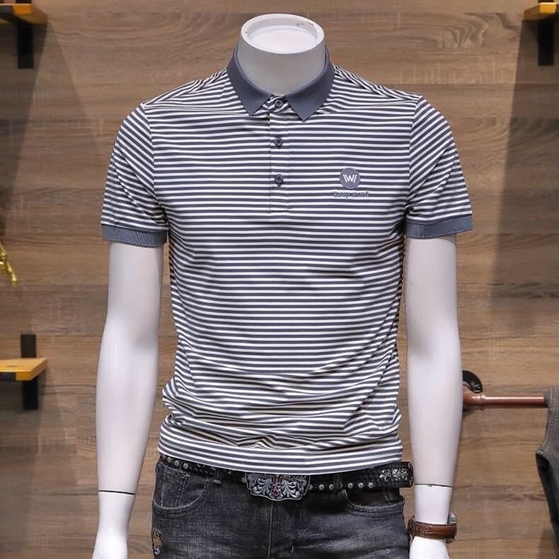 Camiseta masculina de manga curta 2023 novo estilo Street Wear high-end fino-ajuste listrado verão fino high-end gelo Si