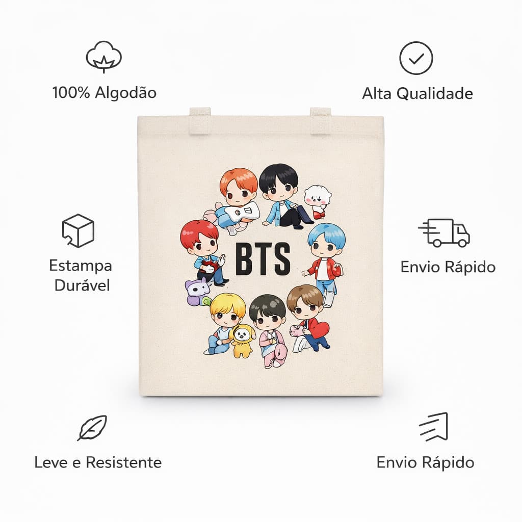 ECOBAG ESTAMPADA TEMA BT21 -100% algodão cru, 32X38, ALÇA REFORÇADA