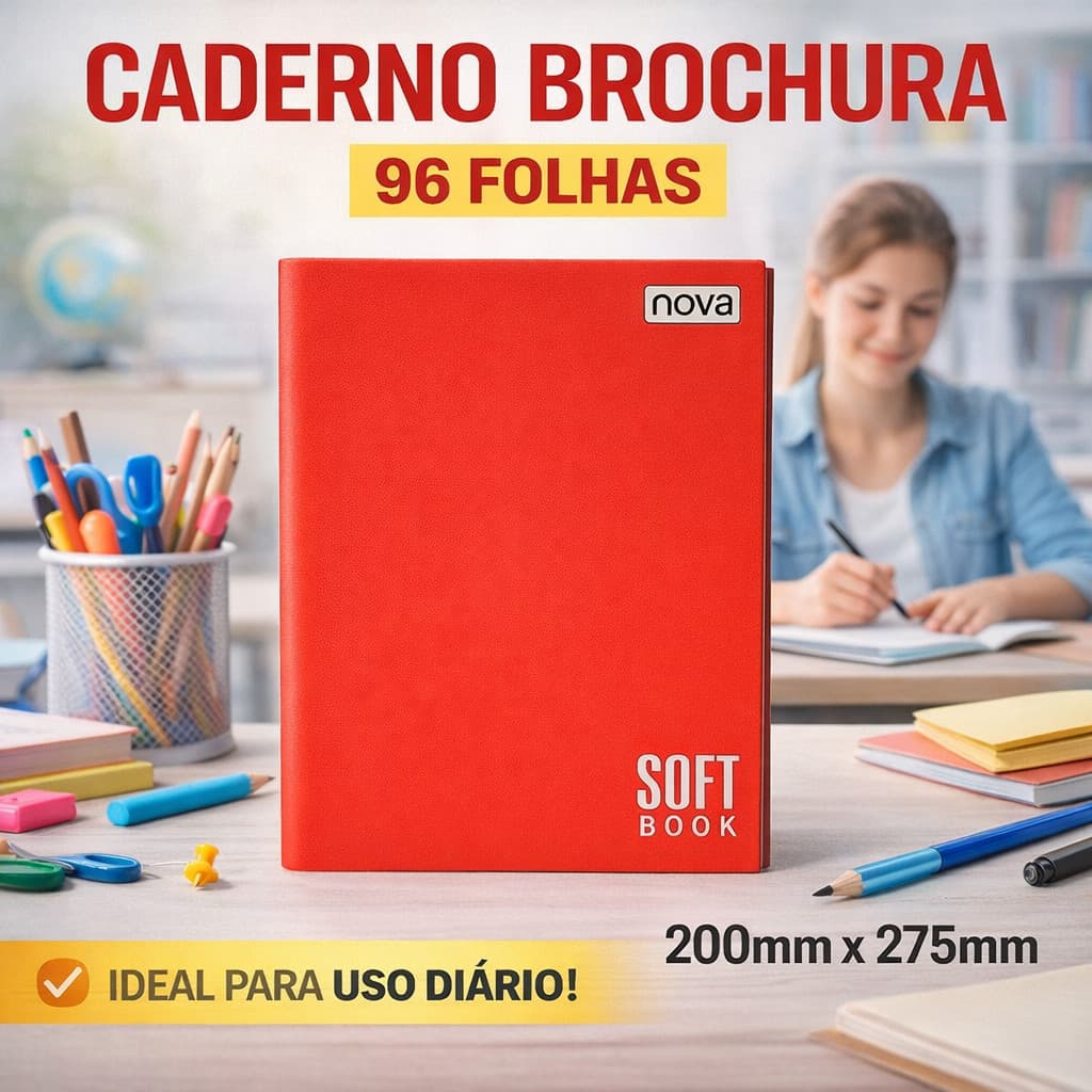 Caderno 96 Folhas Brochura Vermelho  200mm x 275mm Soft Book