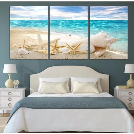 Quadro Decorativo Estrela do Mar e Conchas 3 Peças Praia Banheiro