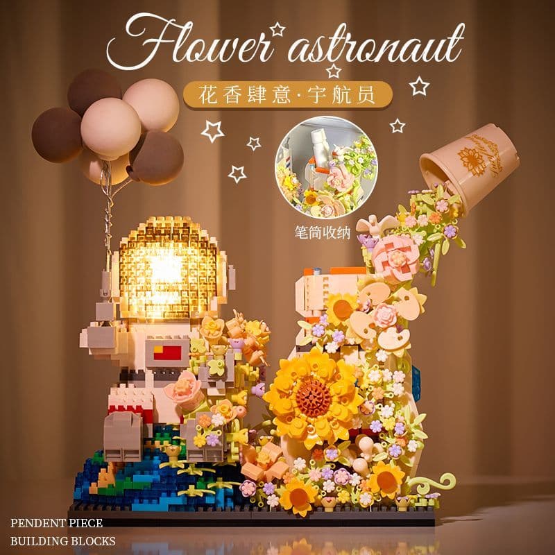 Blocos de construção montagem astronauta caneta titular bonito vaso planta buquê brinquedo ornamentos meninos meninas pr