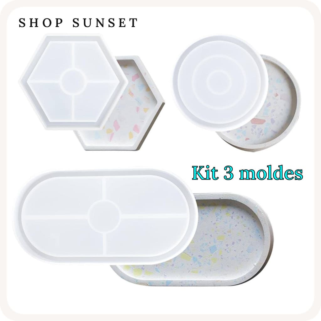Kit 3 Molde Silicone Bandeja oval redonda hexágono Forma Geométrica resina gesso cimento