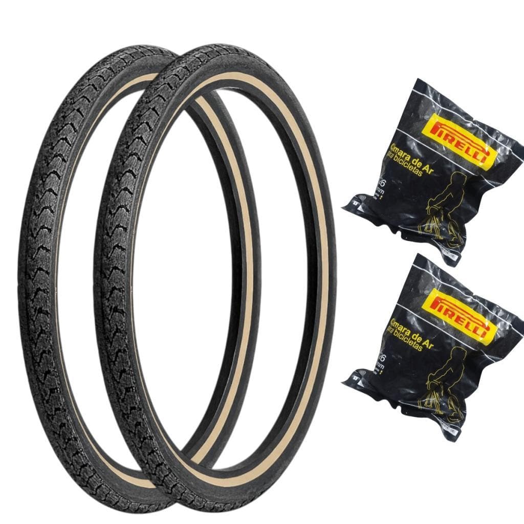 Par Pneus K154 Aro 26x1.50 Faixa Bege Kenda + 2 Camaras Ar PE-26 Schrader