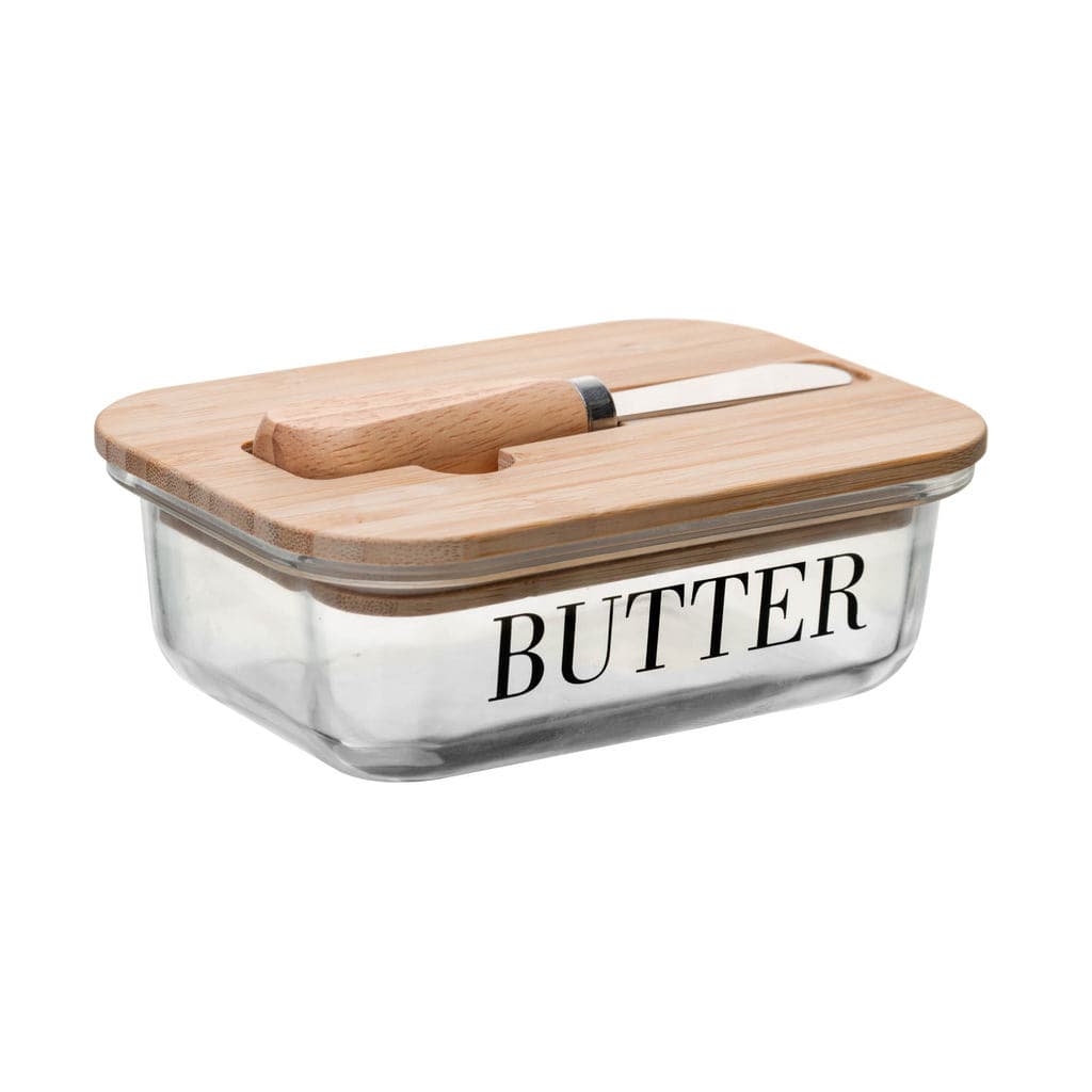 Manteigueira com Espátula e Tampa de Bambu Basic 15cm x 11cm x 5cm Vidro – Wolff