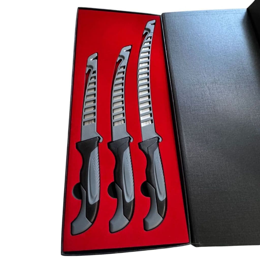 Kit 3 Facas Fileteiras Profissionais com Bainha Afiadora + Estojo Premium
