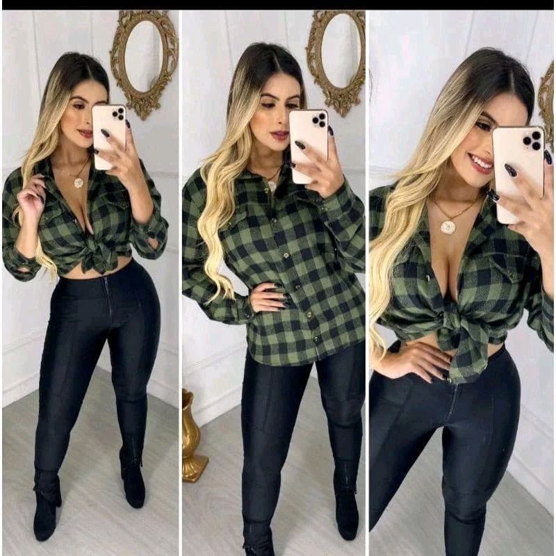 Blusa Xadrez Flanelada Sem Capuz Verde Com Preto Camiseta Feminina Camisa Manga Longa