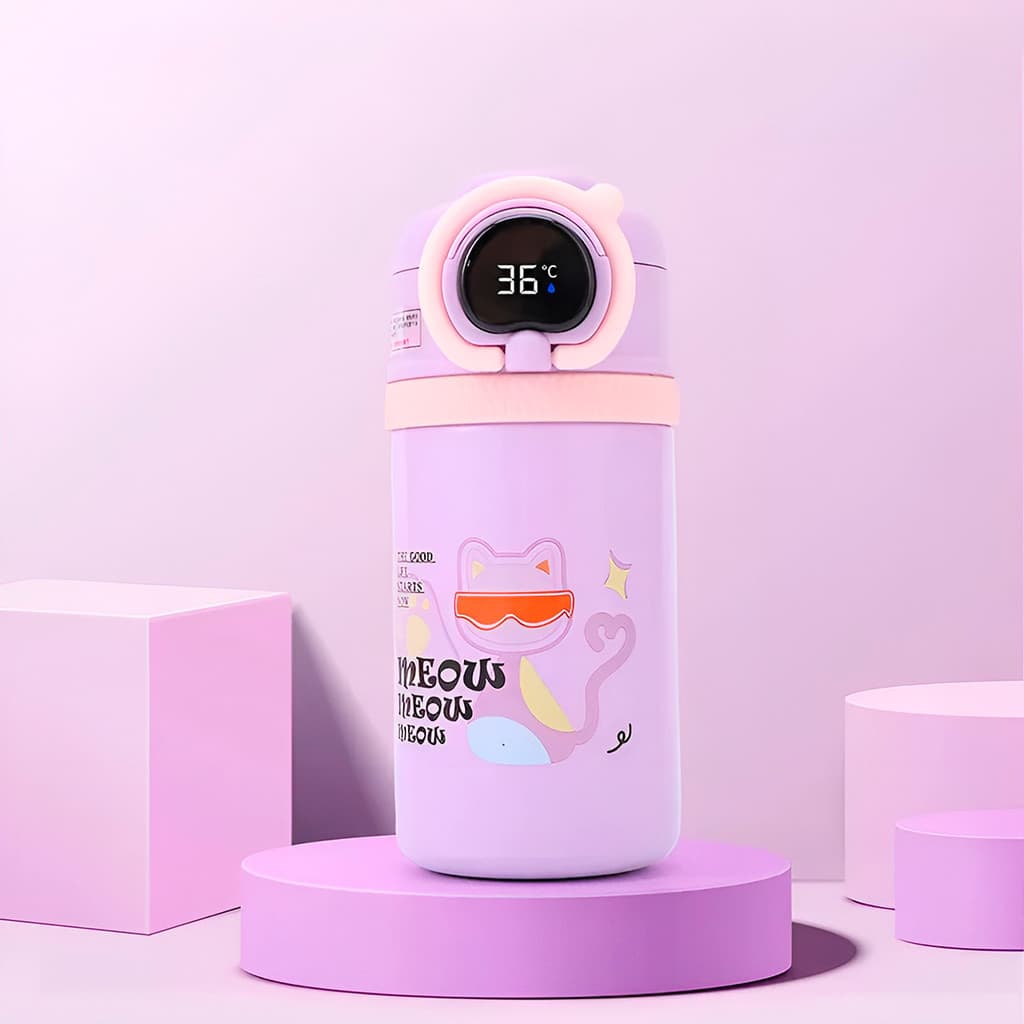 Garrafa Squeeze Copo Térmico Infantil Tela Digital Termômetro Cor:Lilás