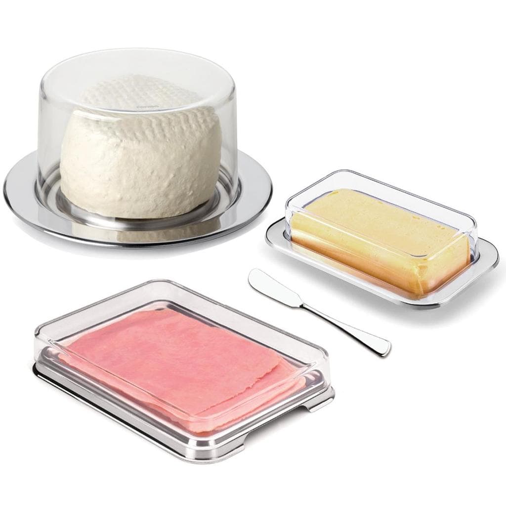 Kit Café Da Manhã Queijeira Porta Frios Manteigueira e Espátula Aço Inox