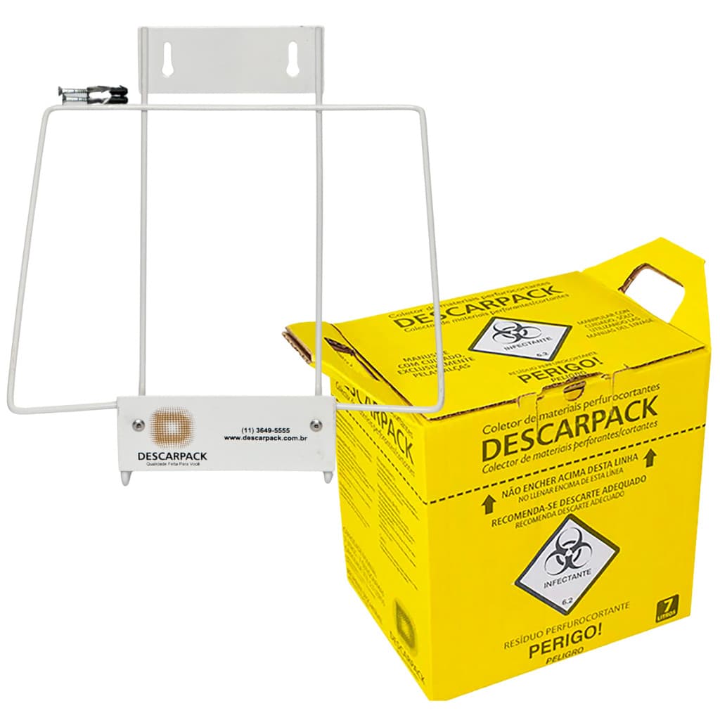 Kit Descarte Seguro Caixa Coletora Descarpack + Suporte Aço 7L Resíduos Infectantes Perfurocortantes